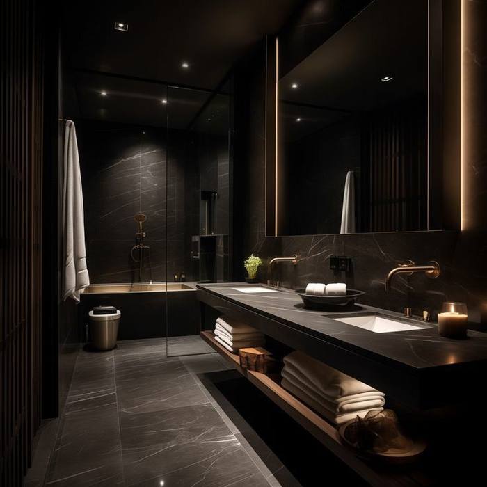 Baño oscuro con mármol negro, doble lavabo y bañera integrada